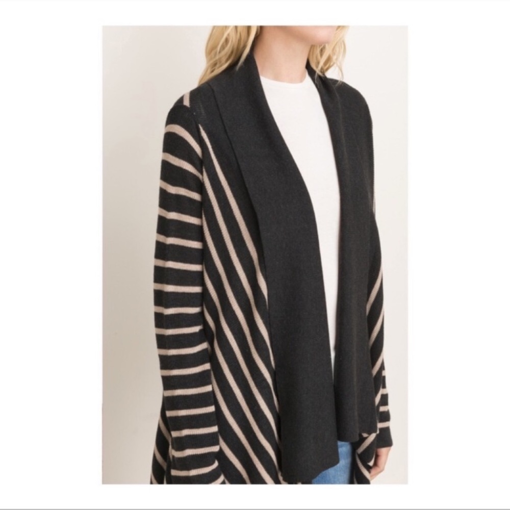 Mystree | Cardigan | Black & Beige Stripe Open Cardigan - Picture 7 of 12
